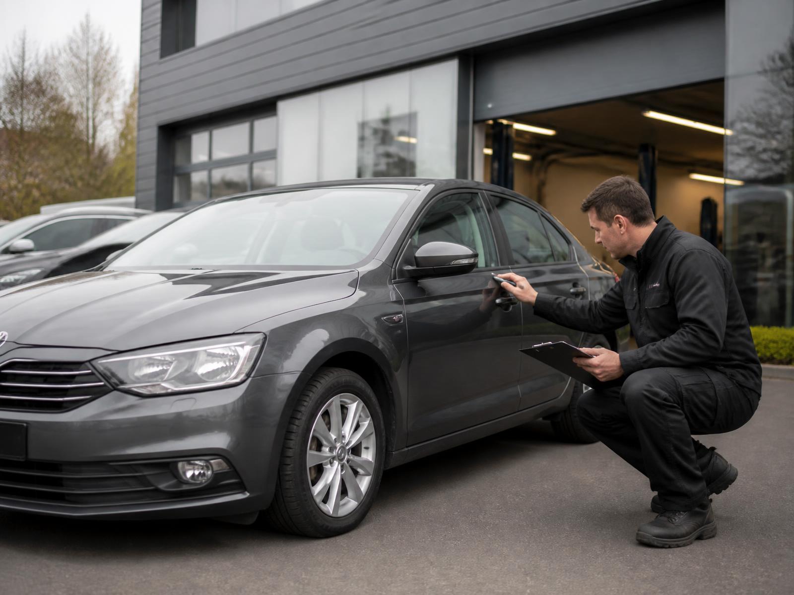 Véhicule client à l'arrêt devant le garage pour une reprise