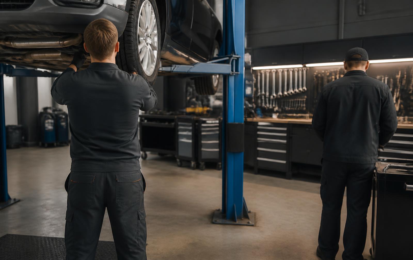 Mécaniciens de TH Automobiles au travail dans l'atelier, vus de dos